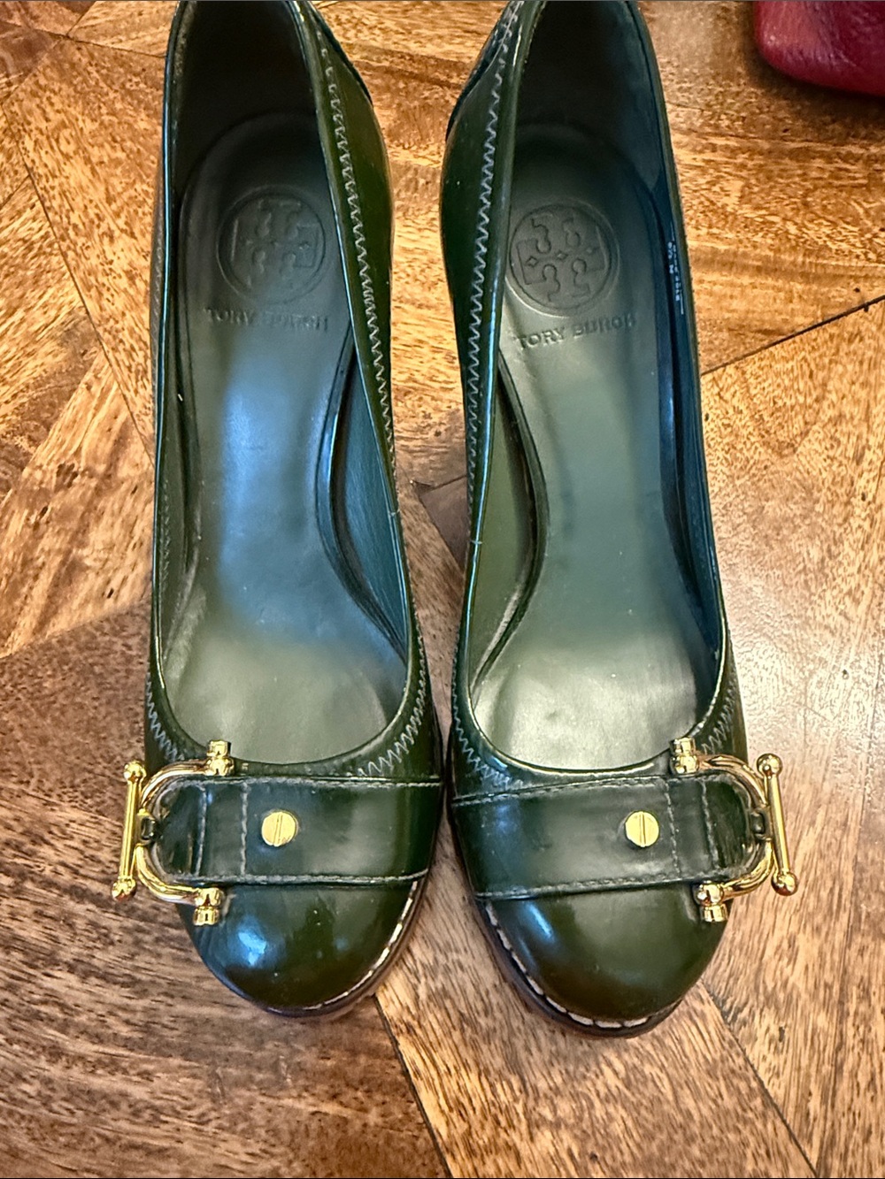 Tory Burch Dark Green Patent Leather Buckle Pumps